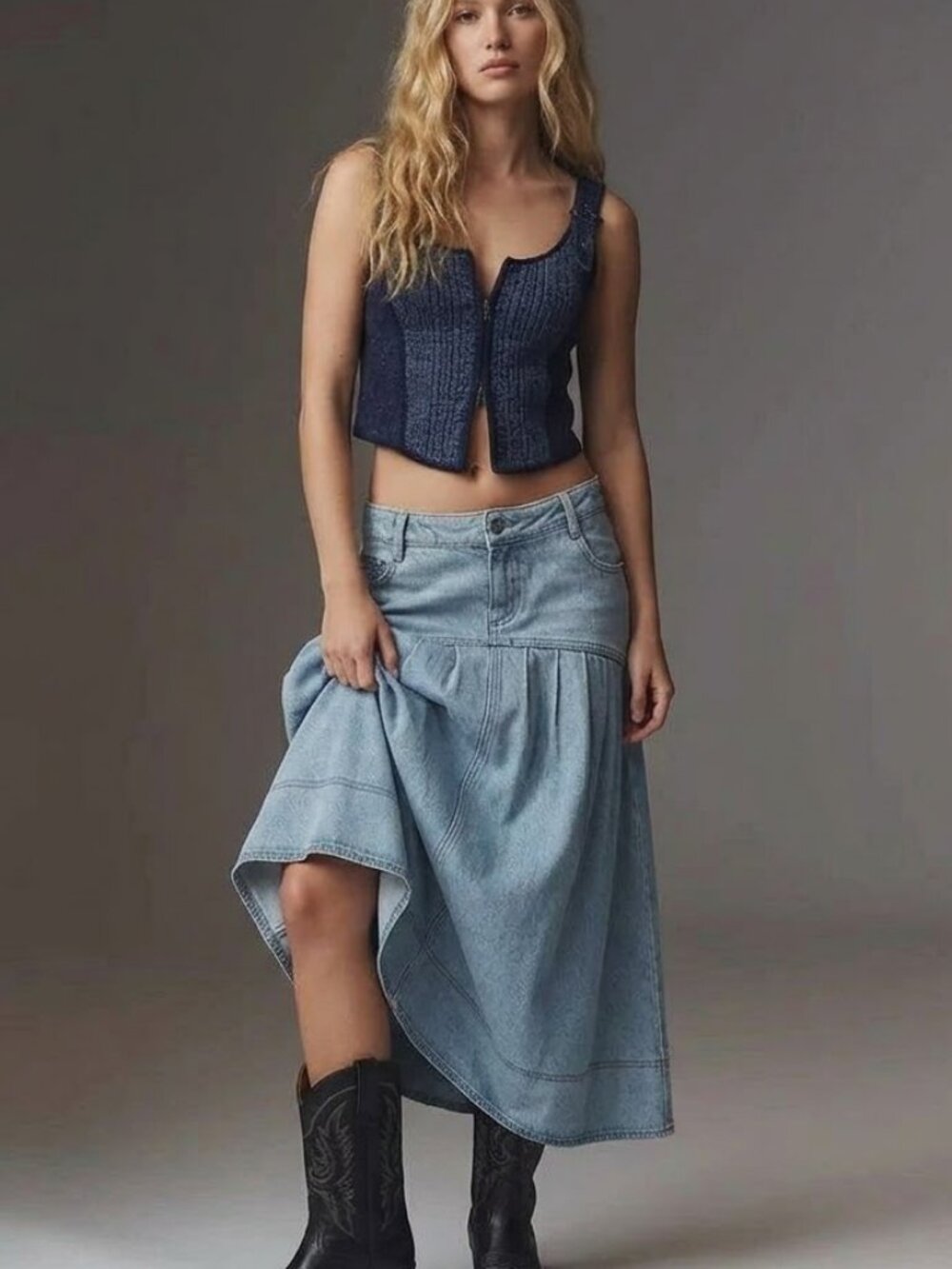 Anthropologie Pilcro Pleated Denim Midi Skirt